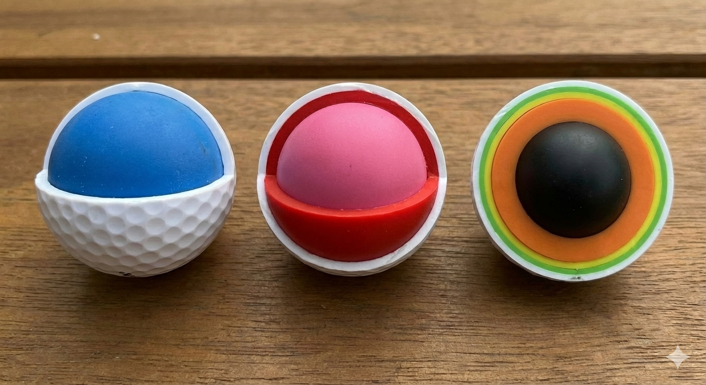 Die unterschiedlichen Golfbälle im Querschnitt (Foto: Gemini)