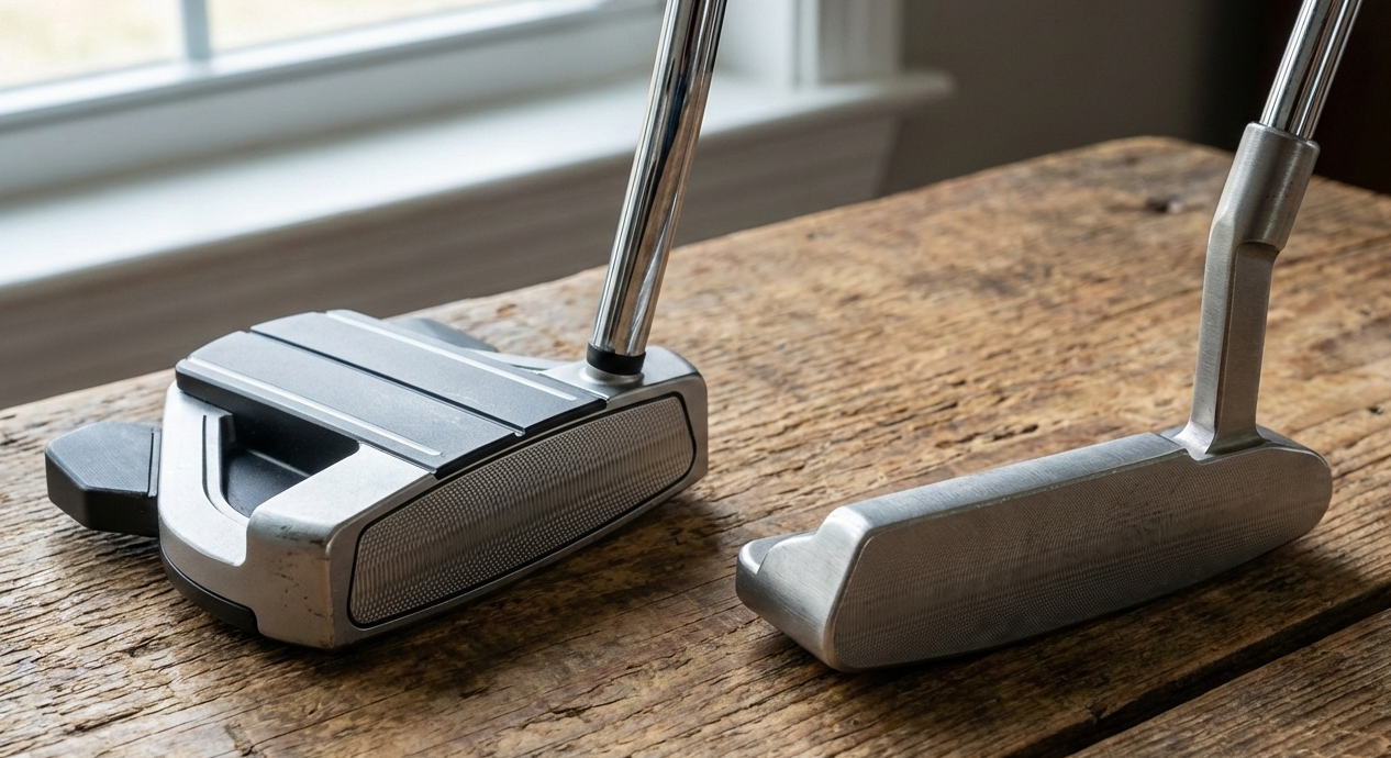 Große und kleine Köpfe: Mallet-Putter versus Blade-Putter V.l.n.r. (Bild: VcG, KI-Gemini)